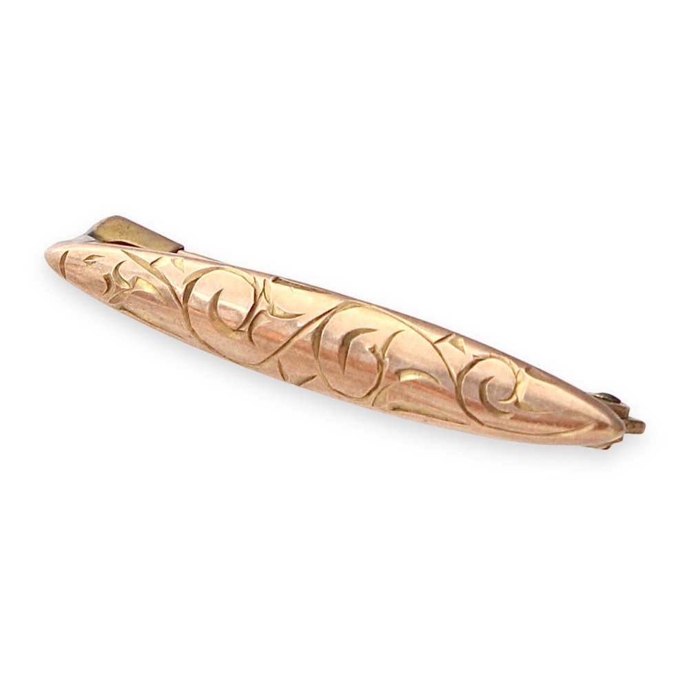 Antique 10K Yellow Gold Lingerie Pin Small Vintage Bar Brooch Ornate Engraving